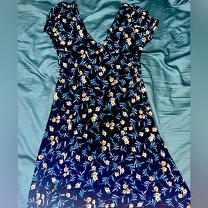 Navy Blue Short-Sleeve Floral Dress - Size Medium